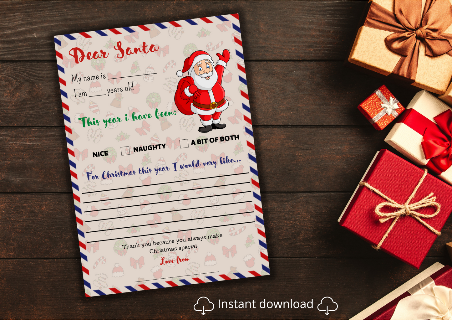 Christmas Wish List Printable, Letter to Santa, Christmas Printable For Kids, Christmas Activity, Digital Download Santa Wish List Printable